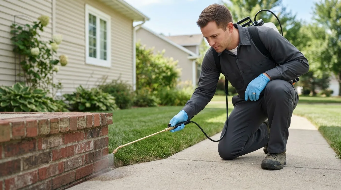 Pest control technician treating a home near Ansonia, CT